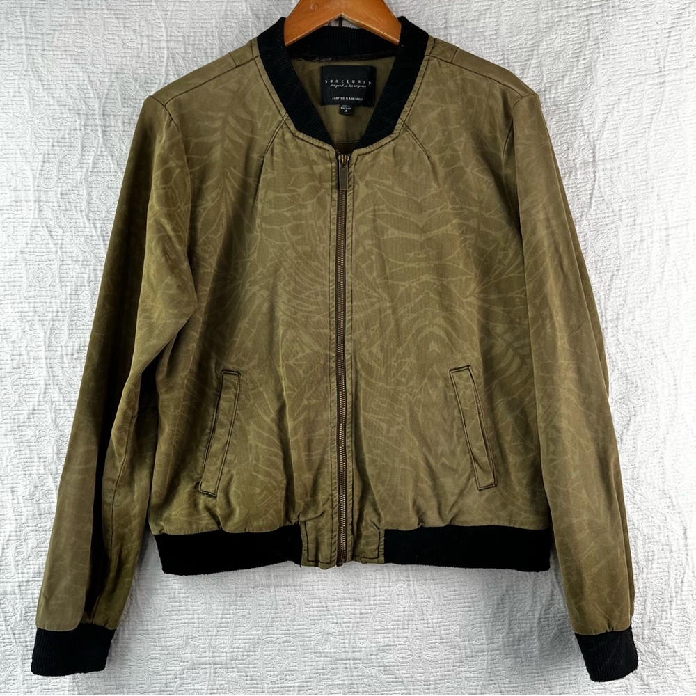 Sanctuary Destination the Sea Palmaflage Palm Print Bomber Jacket Green M Tencel